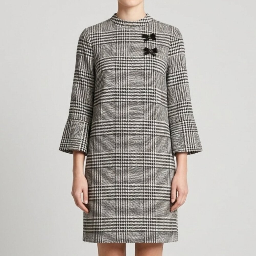 H&M Houndstooth Plaid 3/4 Bell Sleeve Mod Dress Size 6